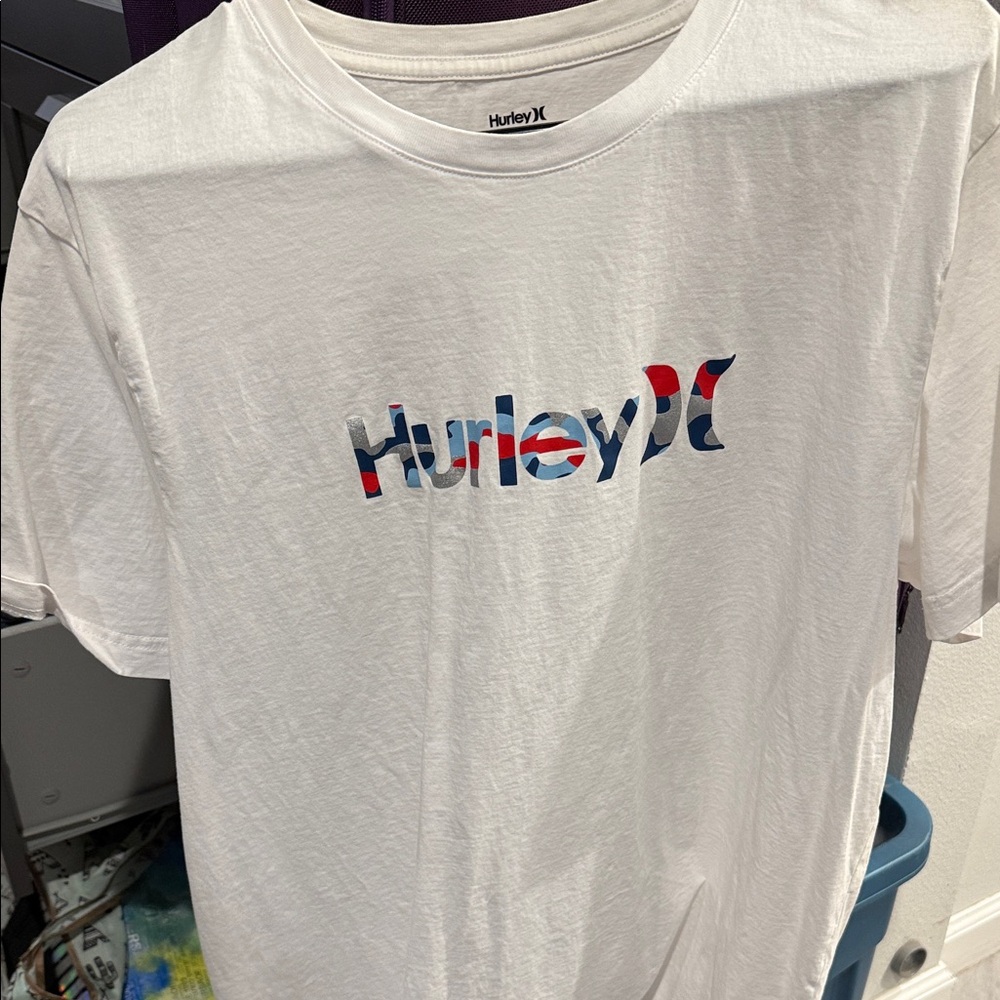 Hurley White Tee with Red and Blue Logo